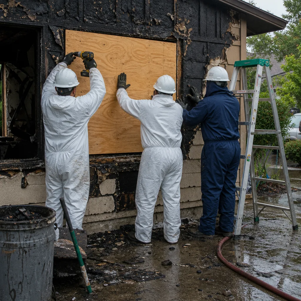 Restoration professionals boarding up a fire-damaged house window