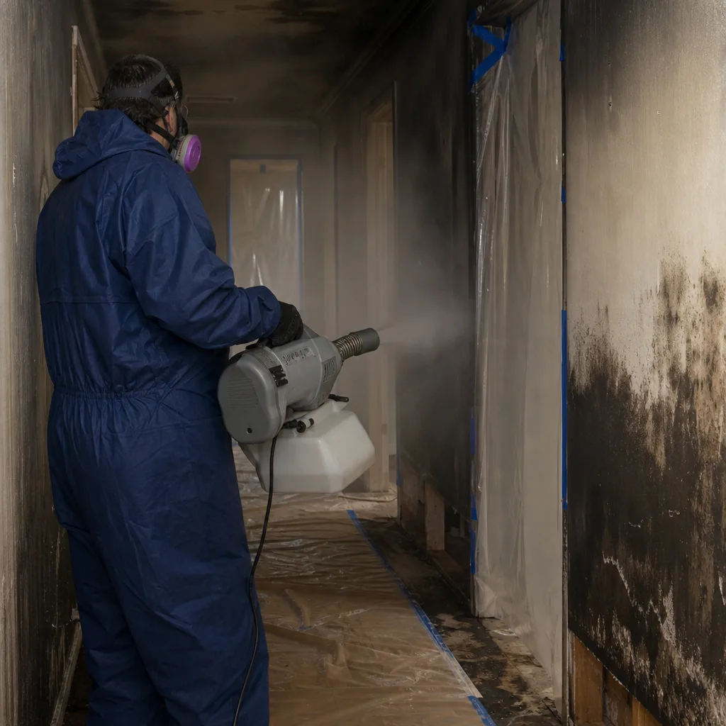 Professional fire and smoke damage restoration technician using fogging equipment
