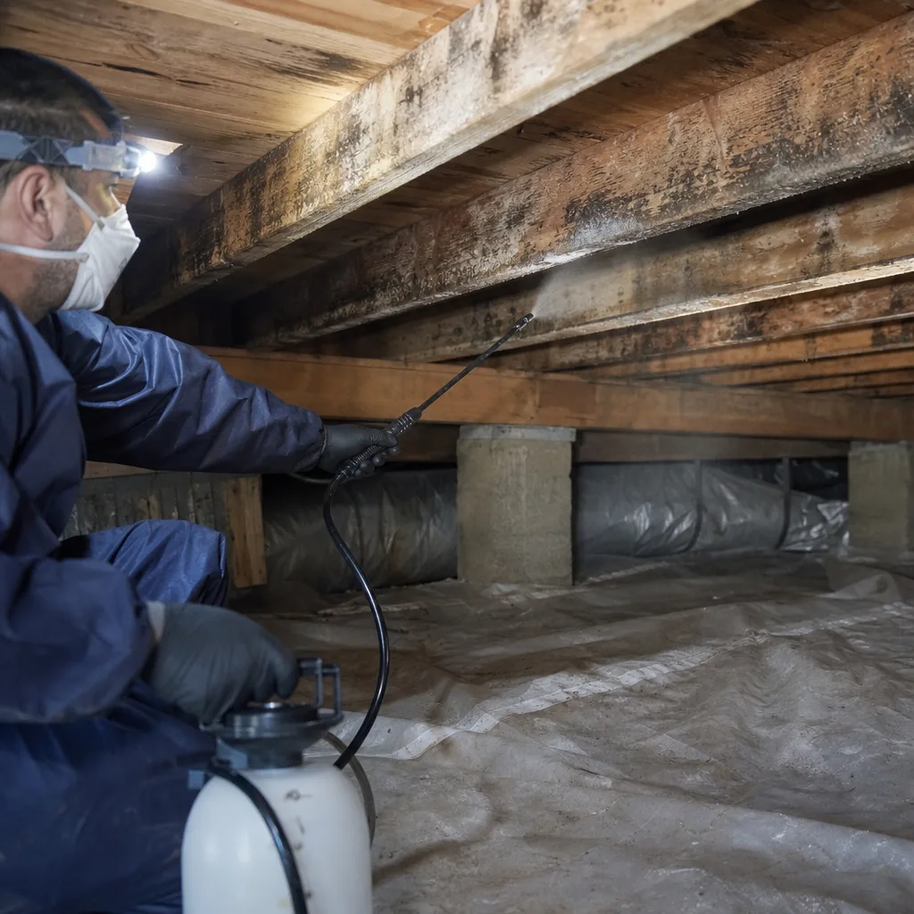 Technician performing professional mold remediation treatment in a residential crawl space