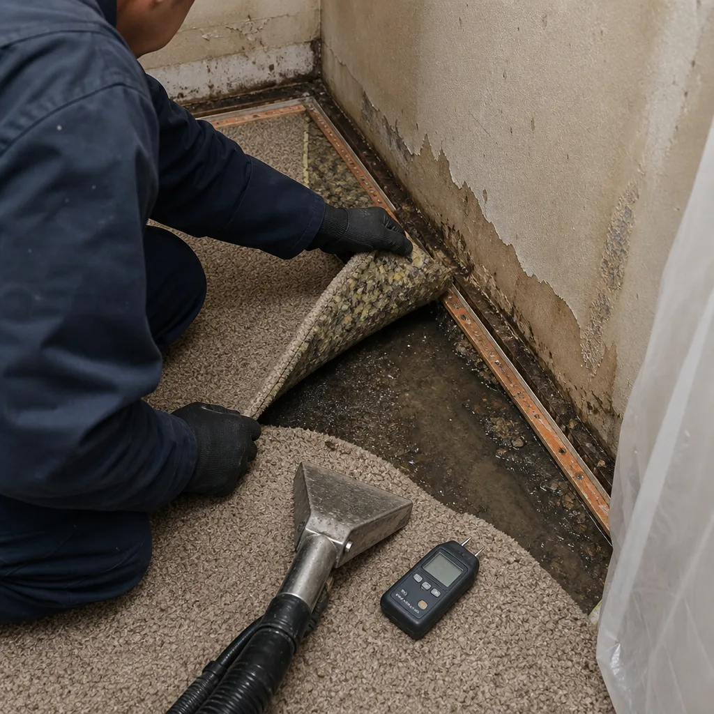 Technician using a moisture meter to assess water-damaged subflooring and carpet.