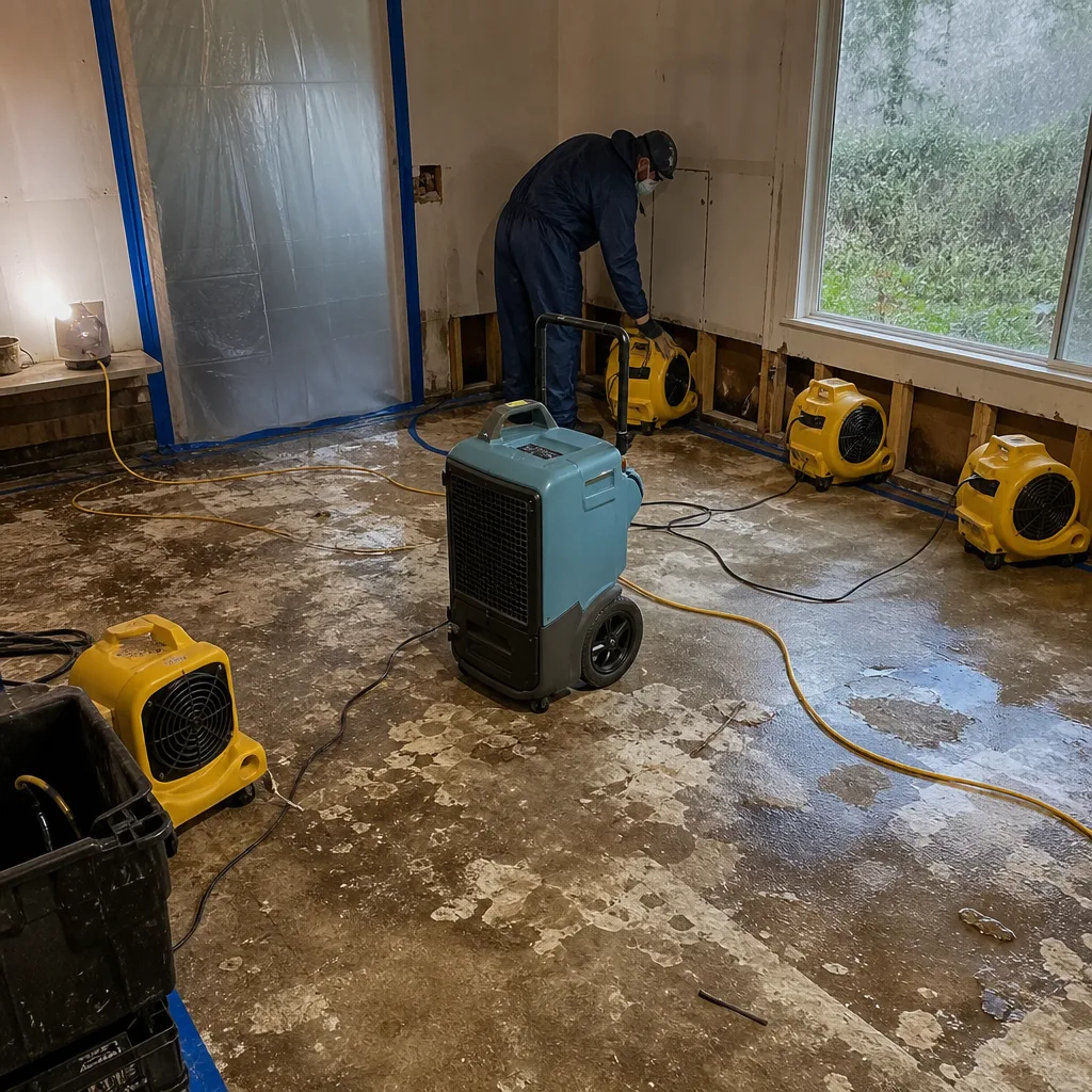 Water damage restoration technician using industrial dehumidifiers and air movers