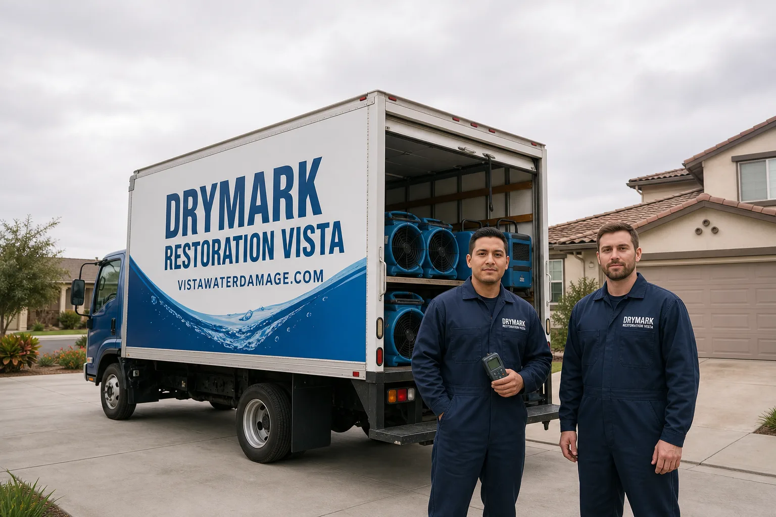 DryMark Restoration Vista damage restoration service vehicle and crew in Vista, CA